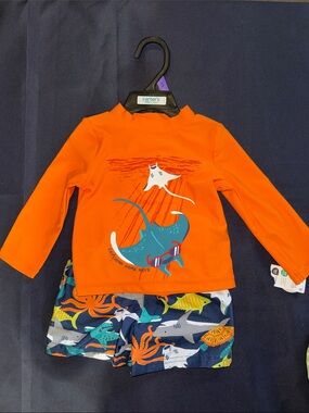 Carter's Bright Orange Long-Sleeve Rash Guard with Navy Sea Life Swim Shorts